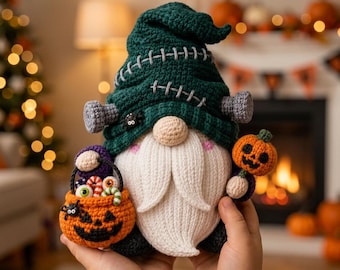 Spooky Halloween Gnome With Pumpkin Basket & Jack-o'-Lantern, Handmade Crochet Figure, Unique Fall Decor, Monster Theme Gift