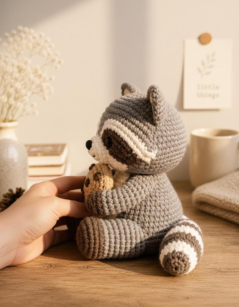 May include: A crocheted raccoon toy made of grey, white, and dark brown yarn. The raccoon has a striped tail, a black eye mask, and is holding a small, round, tan-colored cookie. The toy is crafted with visible stitches and has a soft, plush appearance.