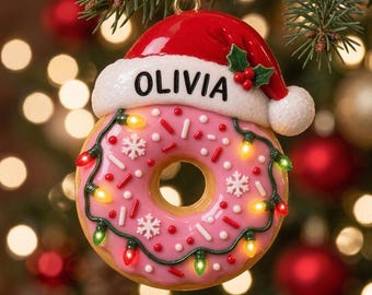 Personalized Pink Donut Ornament, Custom Name Christmas Tree Decor, 3D Relief Print Sweet Treat Foodie Gift