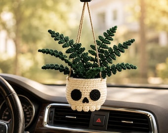 Crochet Skull Plant Car Hanging, Gothic Rear View Mirror Decor, Handmade Skull Plant Charm, Halloween Car Accessory, Macrame Plant Ornament