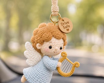 Guardian Angel Crochet Car Hanging, Personalized Drive Safe Wooden Tag, Amigurumi Angel For Car Mirror, Cute Driver Gift