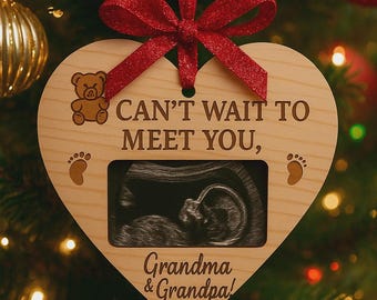 Personalized Ultrasound Photo Christmas Ornament – Baby Announcement For Grandparents, Wood Heart Keepsake
