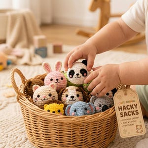 Puede incluir: Una cesta de mimbre llena de sacos hacky de animales hechos a mano. La cesta contiene un conejito rosa, un panda, un gato, un perro, un oso amarillo, un elefante azul y un koala gris. Una etiqueta dice "Cute Animal Hacky Sacks, Handmade Crochet, Soft & Squishy, Fun to Play."