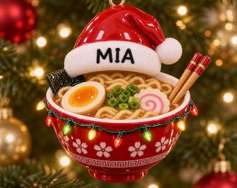 Personalized Ramen Ornament, Custom Name Christmas Tree Decor, 3D Relief Print Noodle Bowl Gift, Japanese Food Keepsake