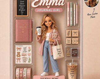 Personalized Journaling Doll Set | Custom Photo Gift For Her | Planner Girl Aesthetic | Cozy Desk Decor & Self-Care Stationery Kit