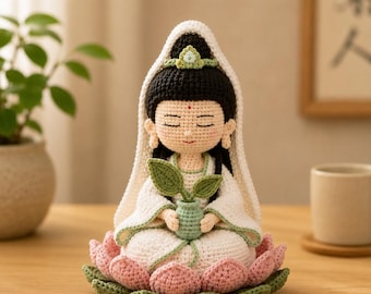 Handmade Crochet Guanyin Doll, Amigurumi Kuan Yin Figurine On Lotus Base, Buddhist Goddess Of Mercy Spiritual Home Decor Gift