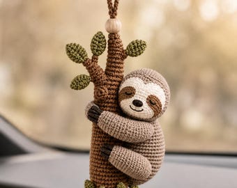 Crochet Sloth Car Charm Hanging, Handmade Sloth Rearview Mirror Decor, Cute Sloth Ornament, Crochet Animal Car Accessory Gift