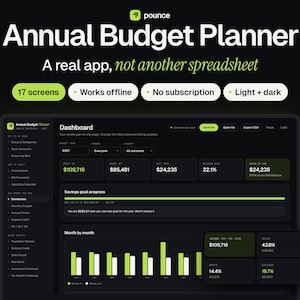 May include: A digital Annual Budget Planner app interface with a dark theme, featuring a dashboard with financial data, bar charts, and savings progress. The text reads Pounce, Annual Budget Planner, A real app, not another spreadsheet.