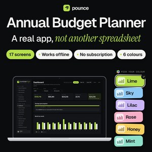May include: A digital Annual Budget Planner app interface displayed on a laptop screen. The dashboard shows financial data, charts, and savings goals. Features include 17 screens, offline functionality, no subscription, and 6 color options: Lime, Sky, Lilac, Rose, Honey, and Mint.