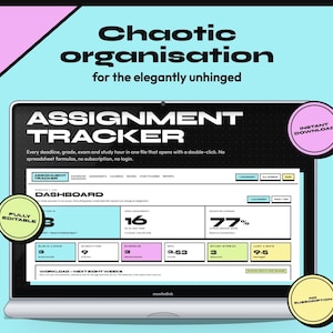 Può includere: Un tracker digitale per compiti visualizzato sullo schermo di un portatile con il testo Chaotic organisation for the elegantly unhinged. L'interfaccia presenta una dashboard con sezioni per scadenze, voti e ore di studio, oltre a badge circolari.