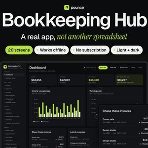 Pode incluir: Uma interface digital para o aplicativo Bookkeeping Hub, com um painel em modo escuro exibindo dados financeiros, gráficos de barras e listas de faturas. Inclui etiquetas de texto como 20 screens, Works offline, No subscription e Light + dark.