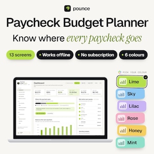 Può includere: Un'interfaccia software di pianificazione del budget Paycheck visualizzata su uno schermo di un computer portatile. La dashboard mostra dati finanziari, grafici ed elenchi. Sono elencate sei opzioni di colore: Lime, Sky, Lilac, Rose, Honey e Mint. Il testo include Pounce, Paycheck Budget Planner, Know where every paycheck goes, 13 screens, Works offline, No subscription e 6 colours.