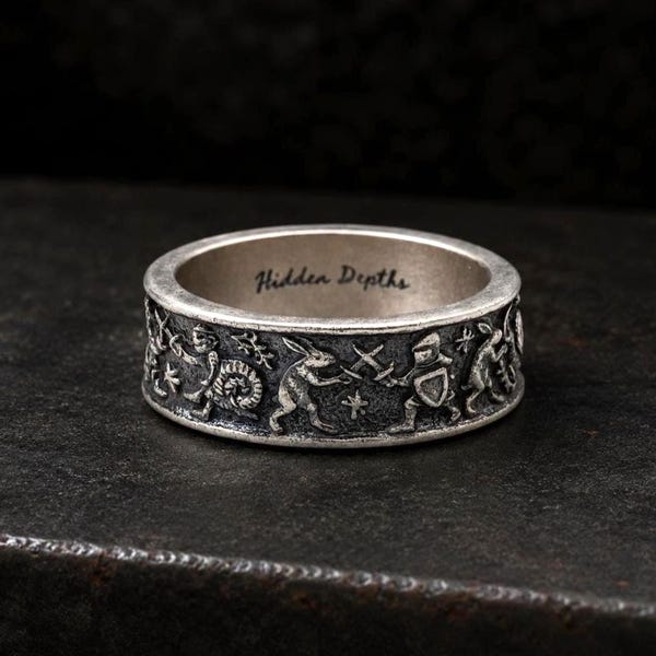 Medieval Marginalia Silver Ring for Men: Handmade 925 Sterling Silver Band with Weird Medieval Characters, Oxidized Finish