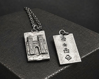 Iraq Babylon Ishtar Gate Necklace, Sumerian Engraved Charm, Handmade Ancient Mesopotamia Pendant in 925 Sterling Silver