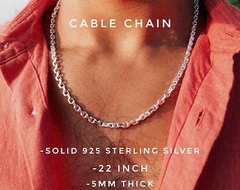Collar de cadena tipo cable para hombre en plata de ley 925 maciza: diseño pulido de 5 mm de ancho.