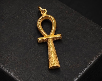 Ankh Gold Pendant for Men, Ancient Egyptian Symbol of Life Charm, Rustic Handmade 18K Gold Vermeil Jewelry