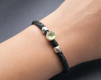 Pulsera de cuero trenzado negro para mujer con piedra citrina y cierre de plata de ley 925