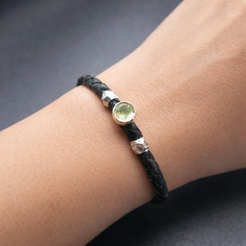 Women's Black Braided Leather Bracelet with Citrine Stone and 925 Sterling Silver Clasp