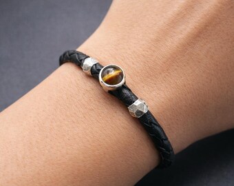 Women’s Black Braided Leather Bracelet with Tigers Eye Gemstone and 925 Sterling Silver Clasp