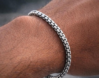 Mens 3mm Round Box Chain Bracelet, Unisex Minimalist Jewelry in Oxidized 925 Sterling Silver