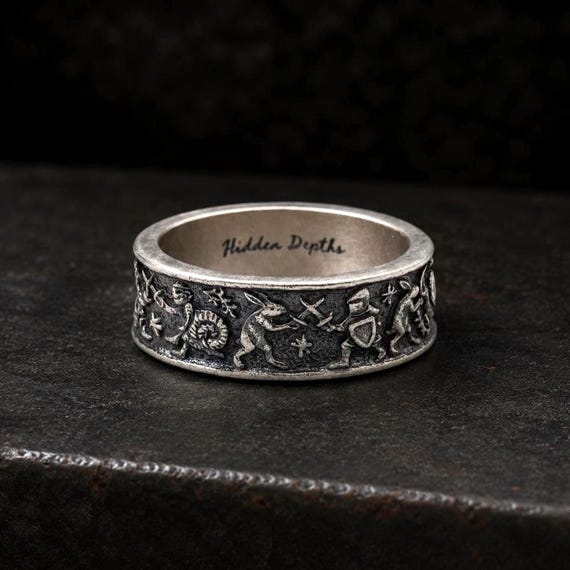 Medieval Marginalia Silver Ring for Men: Handmade 925 Sterling Silver Band with Weird Medieval Characters, Oxidized Finish