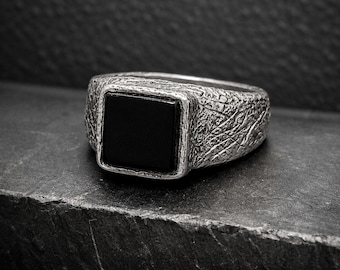 Black Onyx Signet Ring in 925 Sterling Silver, Bold Minimalist Men’s Ring, Handmade Unisex Statement Jewelry, Square Face Vintage Style Ring