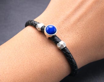 Women’s Black Braided Leather Bracelet with Lapis Lazuli Stone and 925 Sterling Silver Clasp