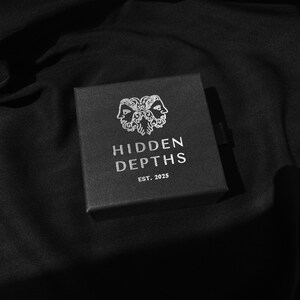 May include: A square black box with a silver logo featuring two faces in profile and the text HIDDEN DEPTHS EST. 2025 printed in silver on the top surface. The box has a matte finish and is positioned against a dark, textured black fabric background.