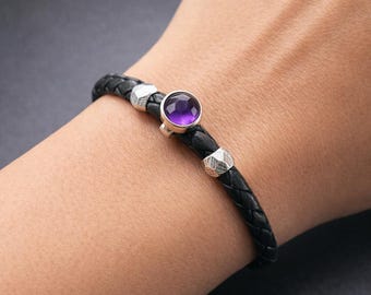 Women’s Black Braided Leather Bracelet with Amethyst Gemstone and 925 Sterling Silver Clasp