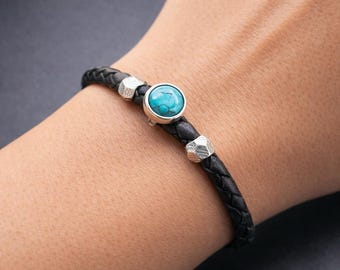 Women’s Black Braided Leather Bracelet with Turquoise Gemstone and 925 Sterling Silver Clasp
