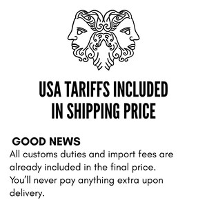 May include: A black and white graphic illustration of two mirrored faces in profile, positioned above the text USA TARIFFS INCLUDED IN SHIPPING PRICE, followed by the heading GOOD NEWS and the text All customs duties and import fees are already included in the final price. You'll never pay anything extra upon delivery.