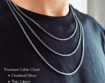 Oxidized Sterling Silver Cable Chain 2.4mm: Men's Minimalist Necklace