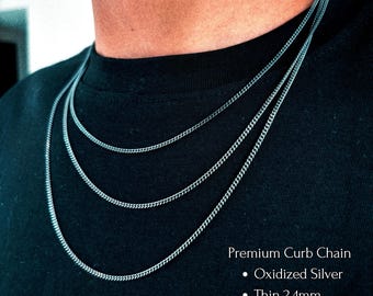 Oxidized Sterling Silver Curb Chain 2.4mm: Men's Minimalist Necklace