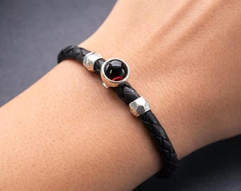 Women’s Black Braided Leather Bracelet with Red Garnet Stone and 925 Sterling Silver Clasp
