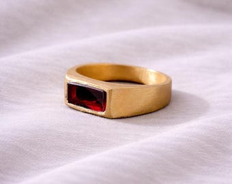 Red Garnet 24k Gold Signet Ring, Minimalist Unisex Statement Ring, Men's Rectangular Pinky Ring with Natural Gemstone in Gold Vermeil
