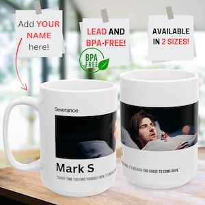 Gepersonaliseerde ontslagmok Lumon Industries Gift | Mark S, Helly R, MDR-mok | Het werk is mysterieus | Severance-merchandise, Lumon-mok