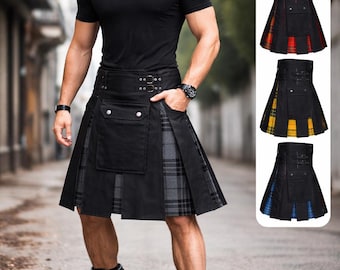 Kilt utilitário híbrido masculino – Kilt tático preto com pregas xadrez, alças ajustáveis com fivela, kilt escocês moderno com bolsos.