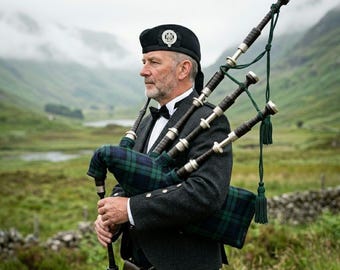 Scottish Great Highland Bagpipes – Green Tartan Full Set, Handmade Wood Bagpipe with Silver Mounts, Professional Musical Instrument Gift