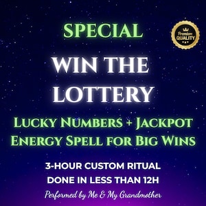 Può includere: Uno sfondo blu scuro con effetto cielo stellato che presenta il testo SPECIAL WIN THE LOTTERY, Lucky Numbers + Jackpot Energy Spell For Big Wins, 3-Hour Custom Ritual Done In Less Than 12h, Performed by Me & My Grandmother, e un sigillo dorato.