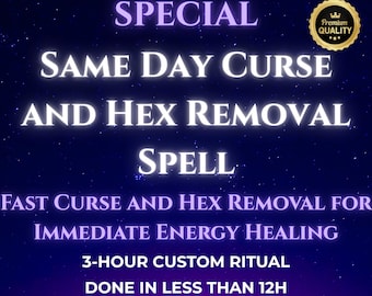 Könnte beinhalten: Ein violetter und blauer Sternenhimmel mit weißem Text, der "SPECIAL SAME DAY CURSE AND HEX REMOVAL SPELL FAST CURSE AND HEX REMOVAL FOR IMMEDIATE ENERGY HEALING 3-HOUR CUSTOM RITUAL DONE IN LESS THAN 12H Performed by Me & My Grandmother" lautet. Oben rechts befindet sich ein goldenes Siegel mit einer Krone und dem Text "Premium Quality".
