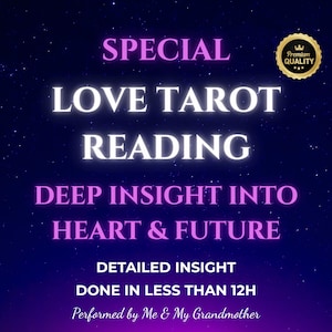 Puede incluir: Gráfico digital con fondo azul oscuro y estrellas blancas. El texto dice "SPECIAL LOVE TAROT READING" en blanco y rosa. Texto adicional incluye "DEEP INSIGHT INTO HEART & FUTURE" y "DETAILED INSIGHT DONE IN LESS THAN 12H".