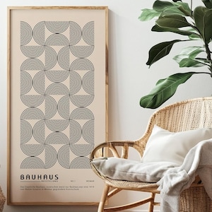 Arte murale geometrica Bauhaus, poster astratto del 1919, stampa vintage beige e nera, stampa moderna di metà secolo, illustrazione di linee circolari - E021