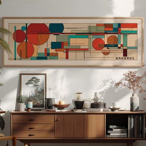 Lång horisontell Bauhaus-väggkonst, geometrisk retroposter från mitten av århundradet -U038