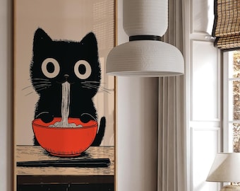 Vintage Cat Ramen Poster: Retro Japanese Kitchen Art Print