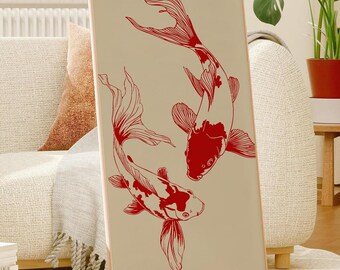 Impressão artística japonesa de peixe Koi vermelho: decoração de parede vintage