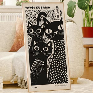 Stampa artistica di un gatto bianco e nero ispirato a Yayoi Kusama, poster moderno con gatto, decorazione unica per gli amanti dei gatti, arte murale giapponese, regalo originale - E036
