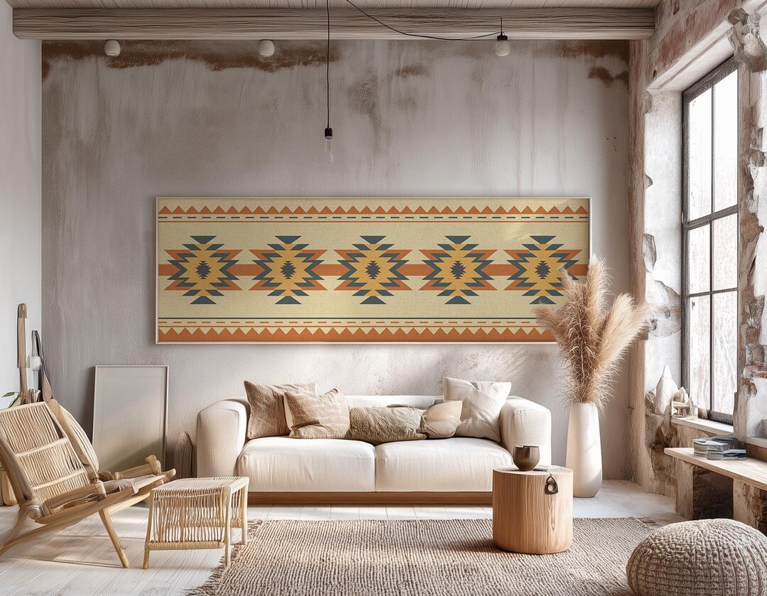 Horizontal Aztec Pattern Boho Long Horizontal Poster, Aztec Pattern Wall Art, Ethnic Console ...