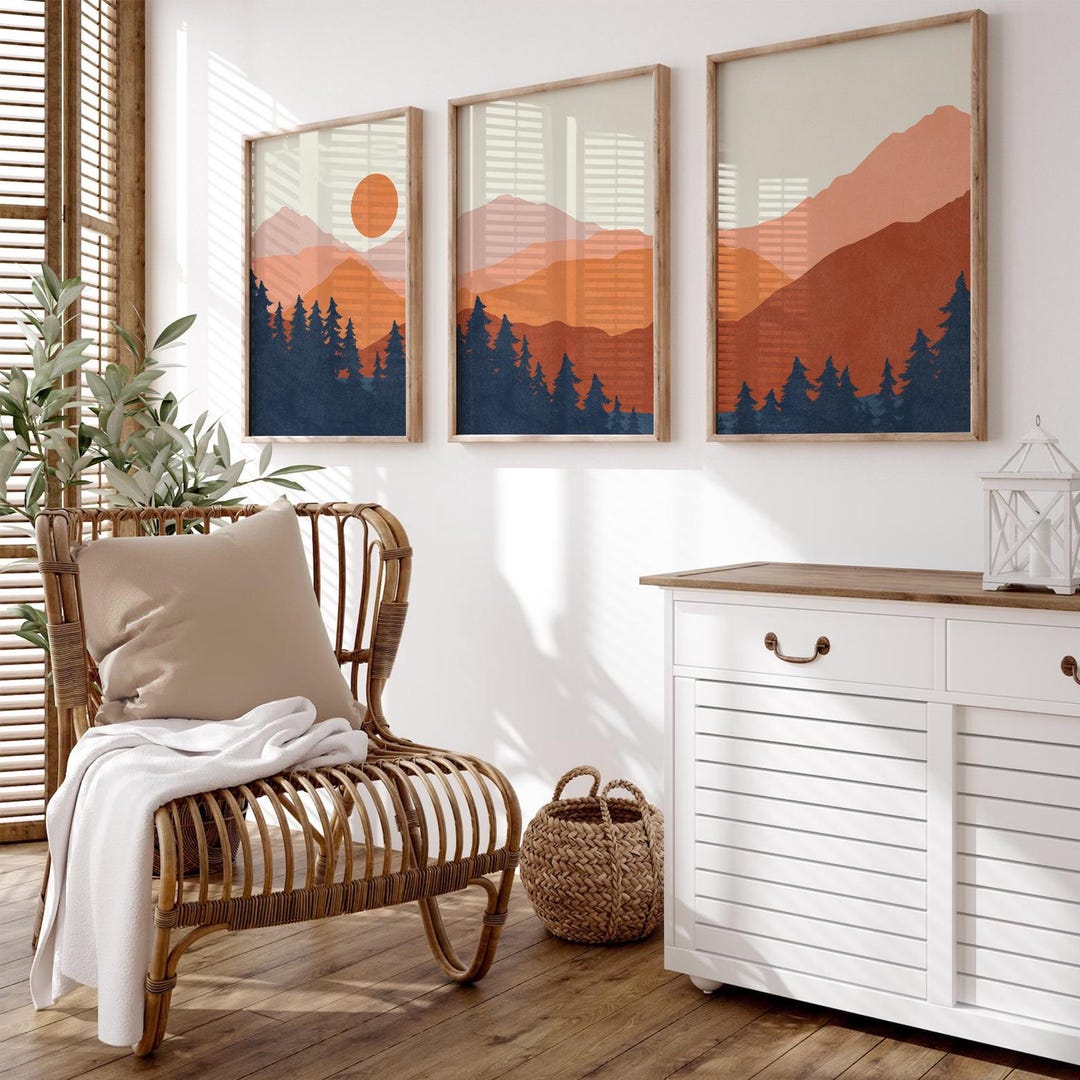 Mountain Sunset Wall Art Set of 3, Boho Landscape Prints, Modern Nature ...