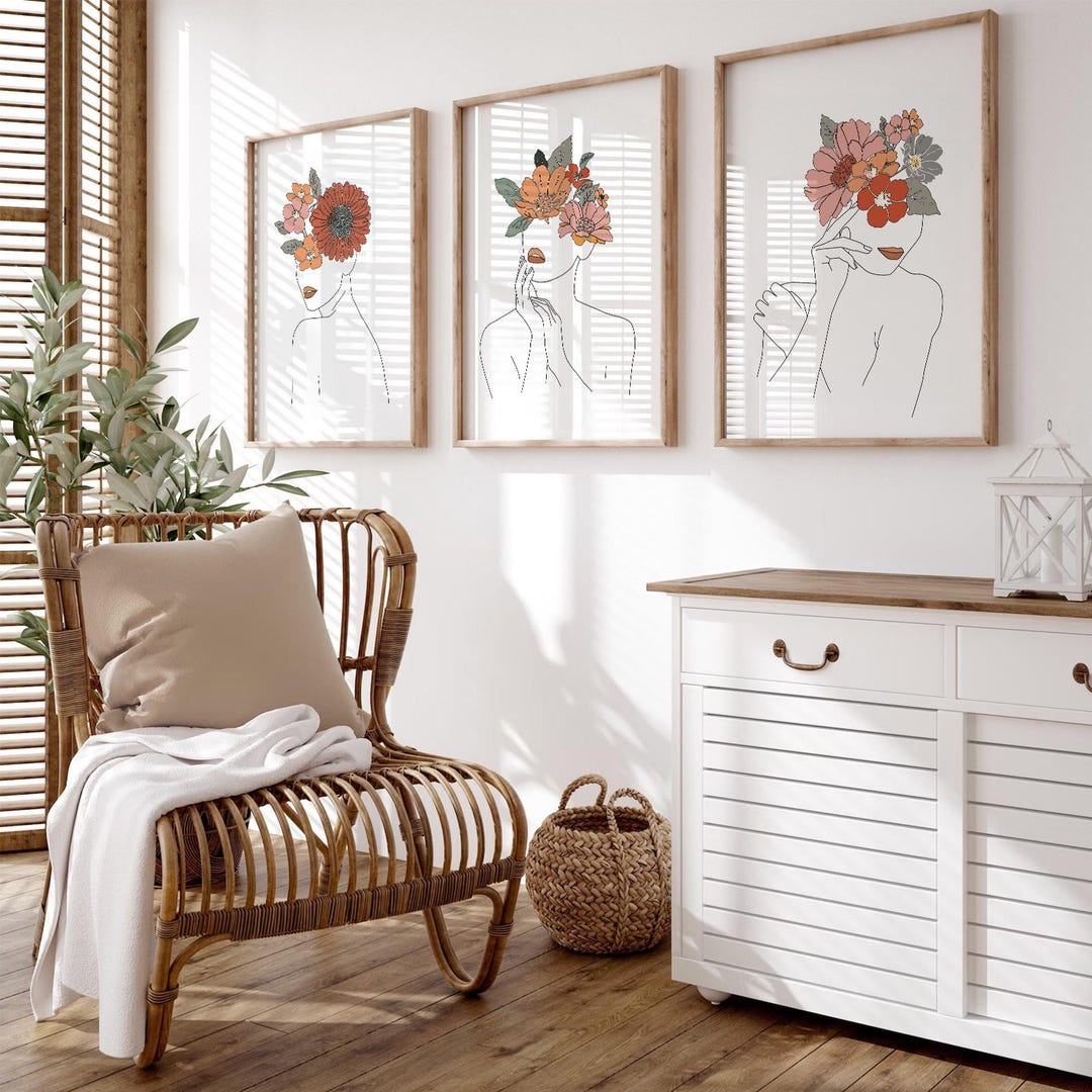 Minimal Floral Line Art Set Woman Face Botanical Prints Boho Modern ...