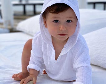 Maglietta da neonato in mussola biologica con cappuccio: tunica unisex in cotone
